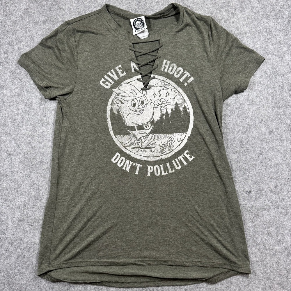 Woodsy Owl Give a Hoot Graphic Tee Medium Olive Green Lace Up Neck